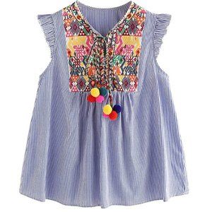 Ruffle Striped Mexican Embroidered Babydoll Blouse Top